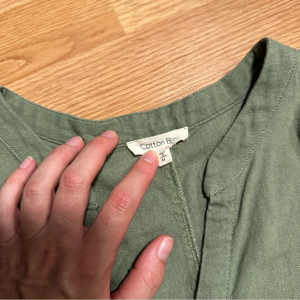 Green cotton linen blend medium short sleeve pockets tunic mini shift dress - Picture 2 of 7